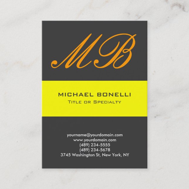 Cartão de visita de monograma amarelo de cinza mod (Frente)