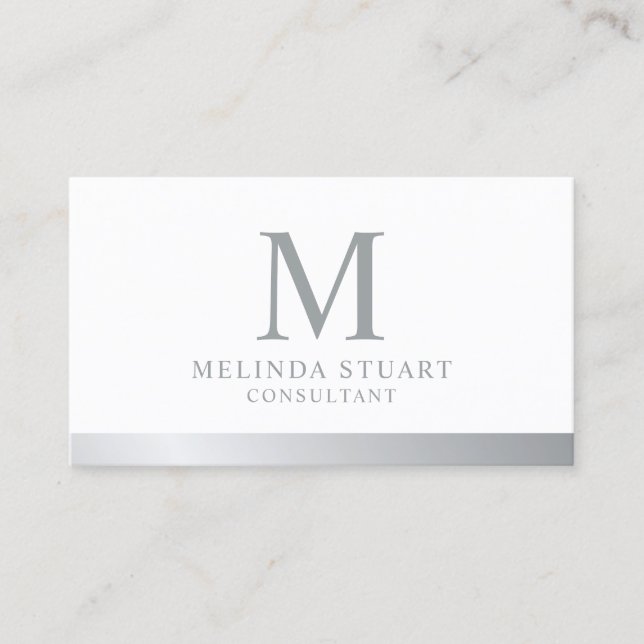 Cartão de visita de Monograma Elegante branco e pr (Frente)