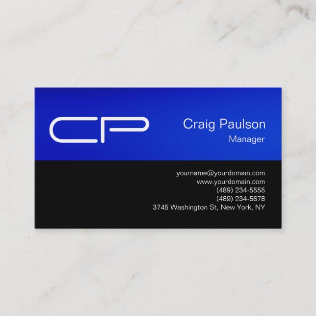 Cartão de visita de Monograma Preto Chic Azul Tren (Frente)