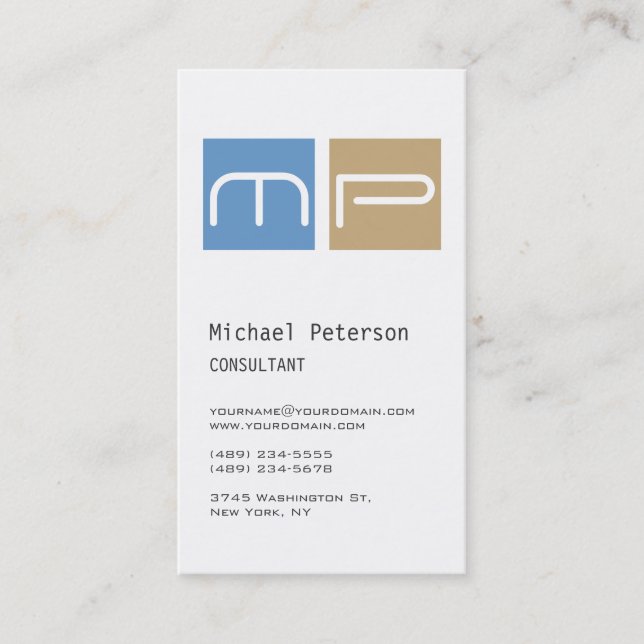 Cartão de visita de Monograma Vertical White Blue  (Frente)