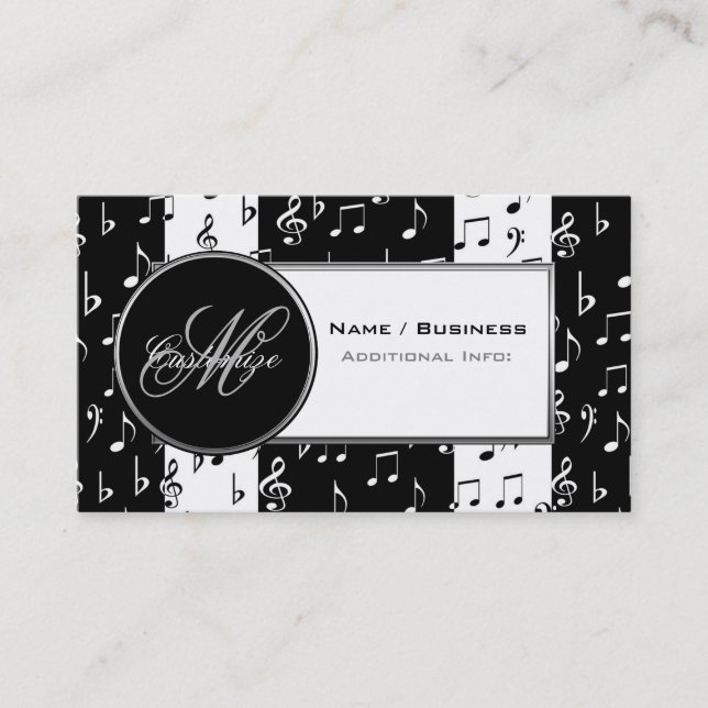 Cartão de visita de Música Preta e Branca Monogram (Frente)