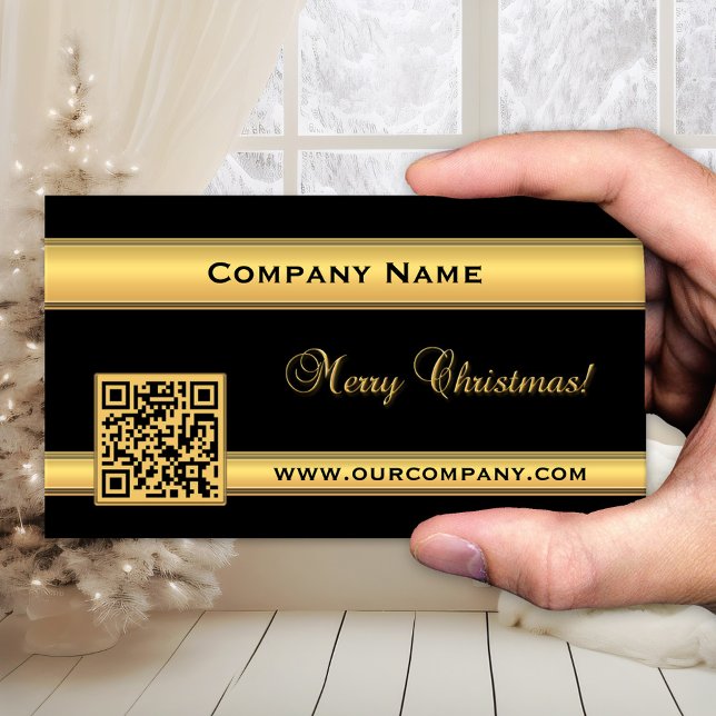 Cartão de visita de Natal Dourado e Negro (Elegant Christmas holidays business card in chic black and gold with QR code template)