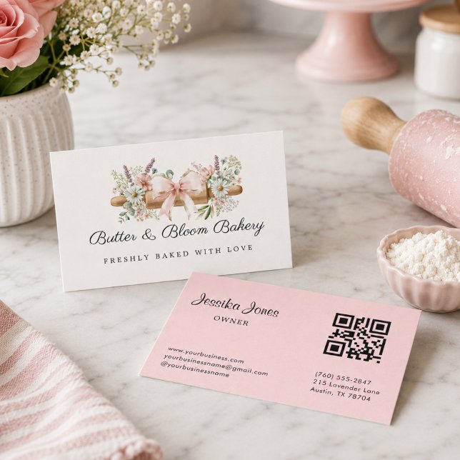 Cartão de Visita de Padaria com Rolo de Massa Flor (Floral Rolling pin bakery business card)