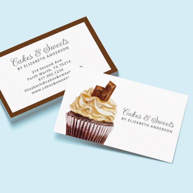Cartão de visita de padaria de pastelaria cupcake (A modern and elegant cupcake bakery business card featuring a chocolate cupcake.)
