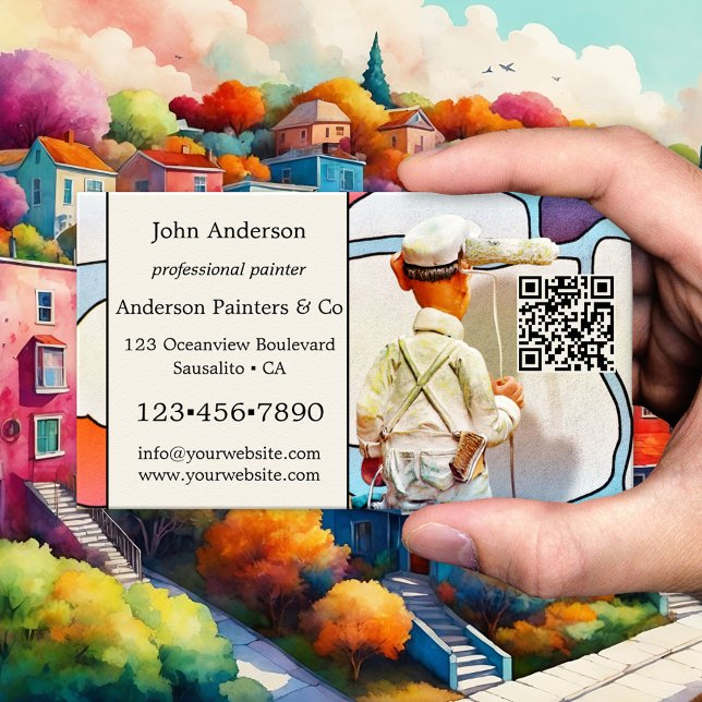 Cartão de visita de Pintor Artístico Whimsso (Artistic design business card featuring an image of a painter at work - with QR code template)