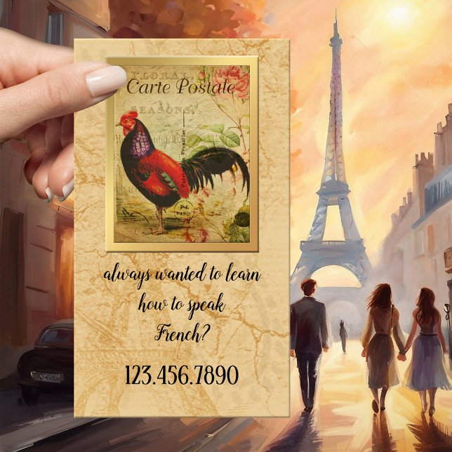 Cartão de Visita de Professor e Tutor de Francês V (Vintage business card featuring a French postcard with a rooster - French language teacher - France)