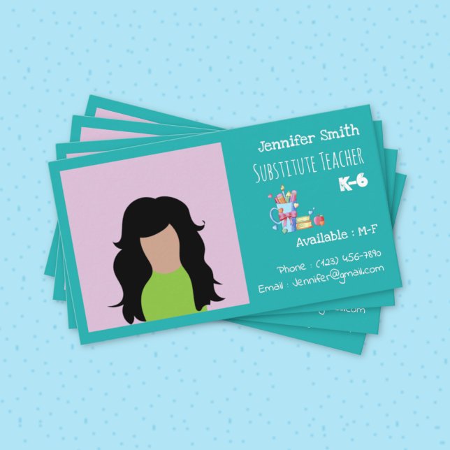 Cartão de Visita de Professor Substituto Teal com  (Substitute teacher standard teal business cards with photo . )
