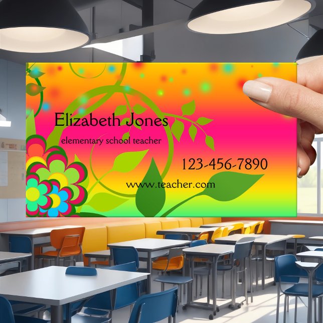 Cartão de visita de Professores Colorido da Escola (Business card featuring a colorful fun design with flowers and neon light sparkles - elementary)