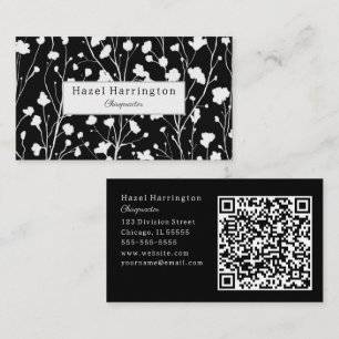 Cartão de visita de QR Floral Moderno Preto e Bran