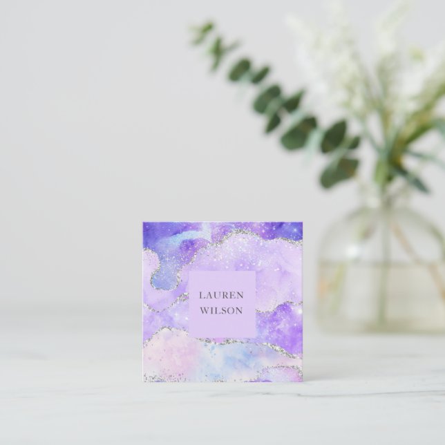 cartão de visita de quadrado azul-rosa com brilho (Em pé/Frente)
