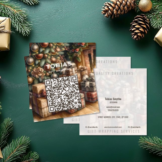 Cartão de visita de quadrado de código QR de Natal (Christmas Holiday QR Code Square Business Cards (front and back))
