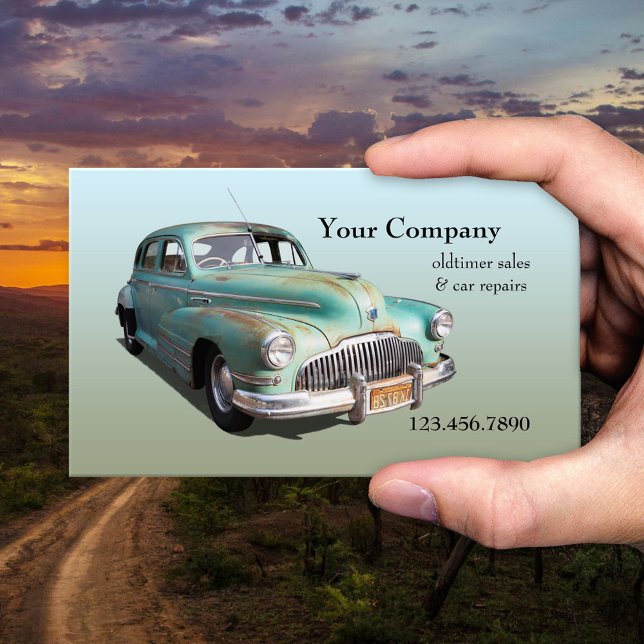 Cartão de visita de Reparos de Vendas de Carros de (Business card featuring an old-timer car. Perfect for a professional sales or repair garage)