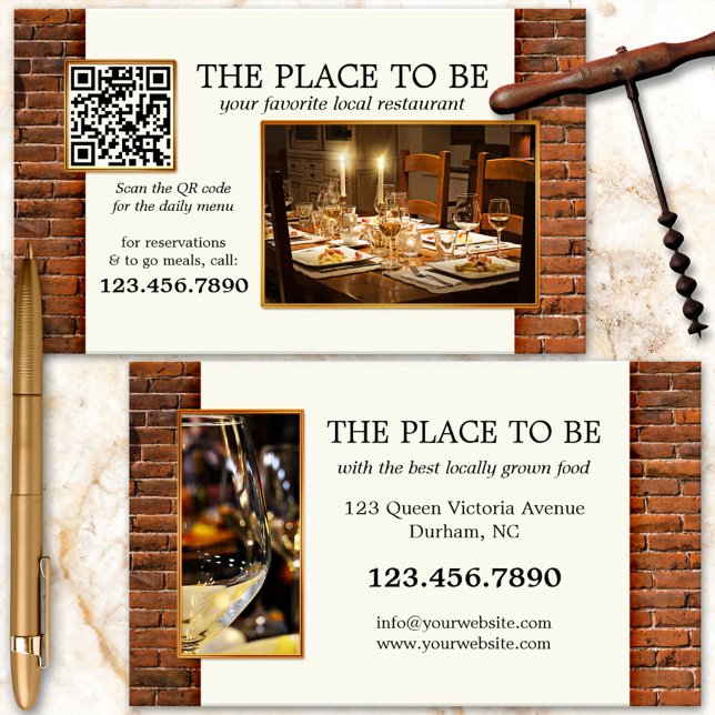 Cartão de Visita de Restaurante com Foto Código QR (Restaurant business card with your custom photos and QR code on a simple chic background)