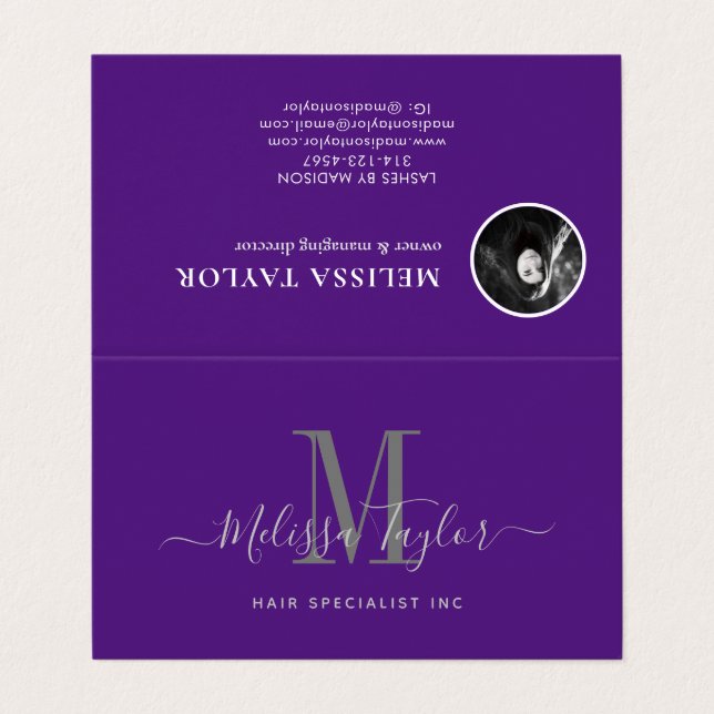 Cartão de visita de Script Elegante Moderno Violet (Exterior Desdobrado)