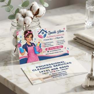 Cartão de Visita de Serviço de Limpeza Rosa Azul-M