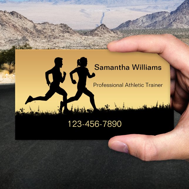 Cartão de visita de treinador de esporte de atleti (Elegant sports or fitness coach business card featuring a silhouette of two people running )