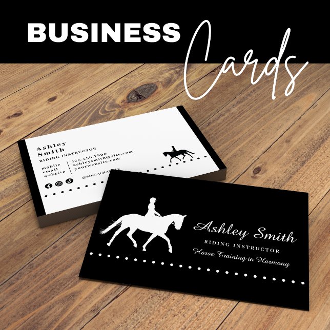 Cartão de visita de Treinador em Cavalo Moderno de (Modern Trendy Horse Trainer Business Card Black and White)