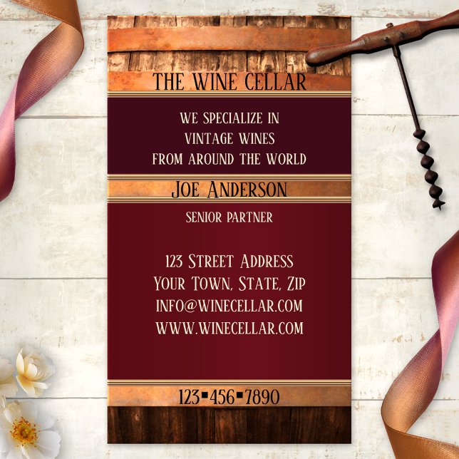 Cartão de visita de Vendedor de Vinho Russo de Can (Business card featuring a rustic wine barrel with stylized rose gold - winery - vineyard - sommelier)