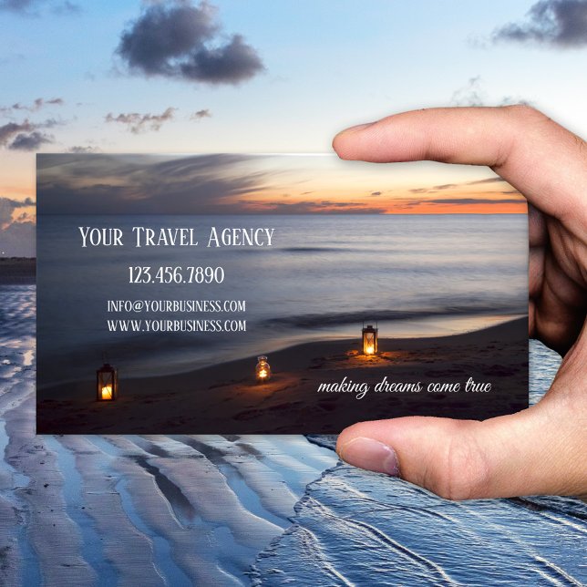 Cartão de visita de viagem Sunset Beach (Peaceful and romantic business card featuring lights on the beach at sunset - travel - peace )