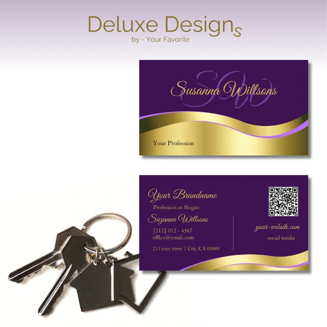 Cartão De Visita Decor Dourado Roxo Real com Iniciais Código QR (Criador carregado)