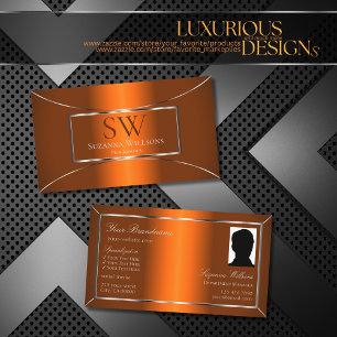 Cartão De Visita Decoração Prateada Laranja Luminosa com Monograma 