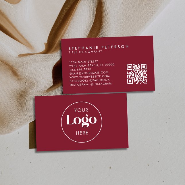 Cartão De Visita Deep Burgundy Elegant Custom Company Logo QR Code (Criador carregado)