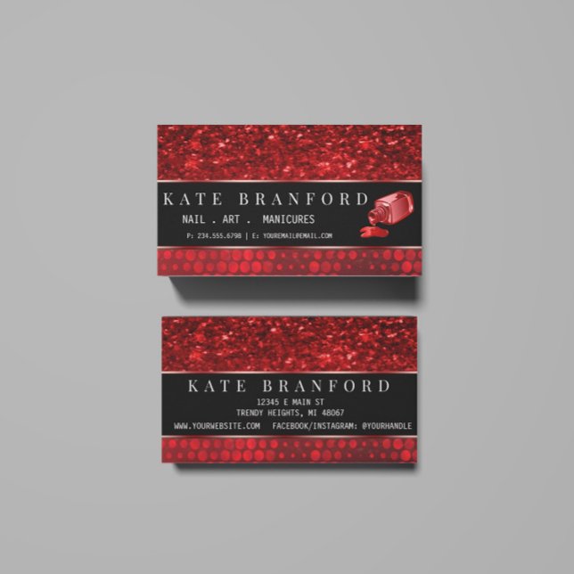 Cartão De Visita Deep Red Faux Glitter Manicure Salon (Criador carregado)