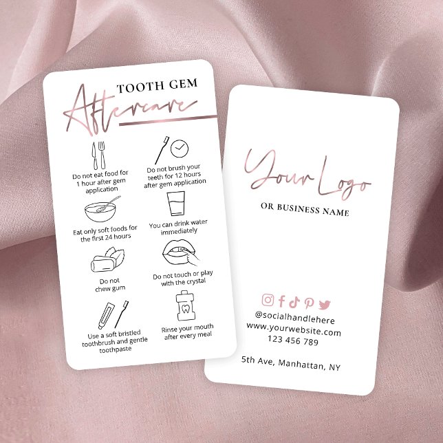 Cartão De Visita Dentes do logotipo Dourado rosa (Rose gold effect dental treatment aftercare cards for tooth gems)