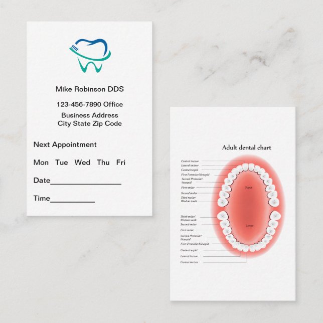 Cartão De Visita Dentist Appointment And Tooth Chart Busines (Frente/Verso)