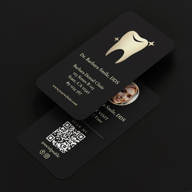 Cartão De Visita Dentista Dental Implante Cosmético Elegante Preto  (Dentist Dental Implant Cosmetic Elegant Black Gold Business Card
)
