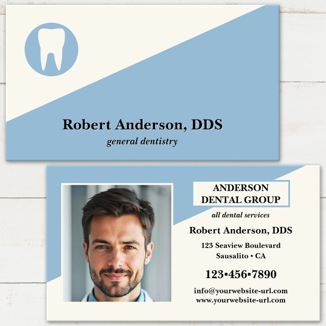Cartão De Visita Dentista Dentário Moderno Profissional (Elegant dentist or dental clinic business card with logo and custom photo on light blue with ivory)