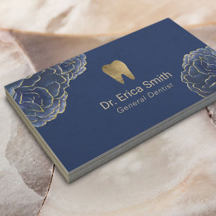 Cartão De Visita Dentista Dourado Naval Azul Floral Cuidados Dentár
