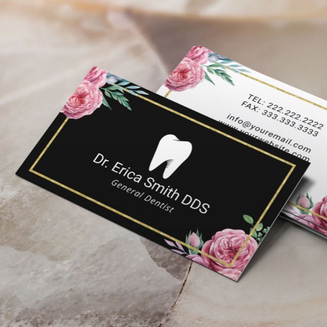 Cartão De Visita Dentista Elegante Floral Dourada, com estrutura de (Criador carregado)