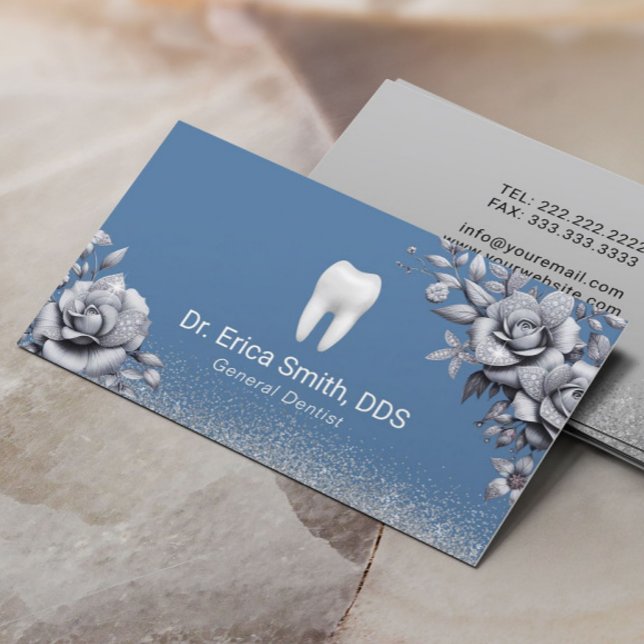 Cartão De Visita Dentista Luxo Silver Floral Blue Dental Care (Criador carregado)