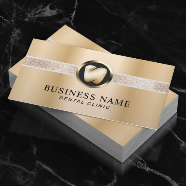 Cartão De Visita Dentista moderno logotipo Dourado dos dentes Escri (Criador carregado)