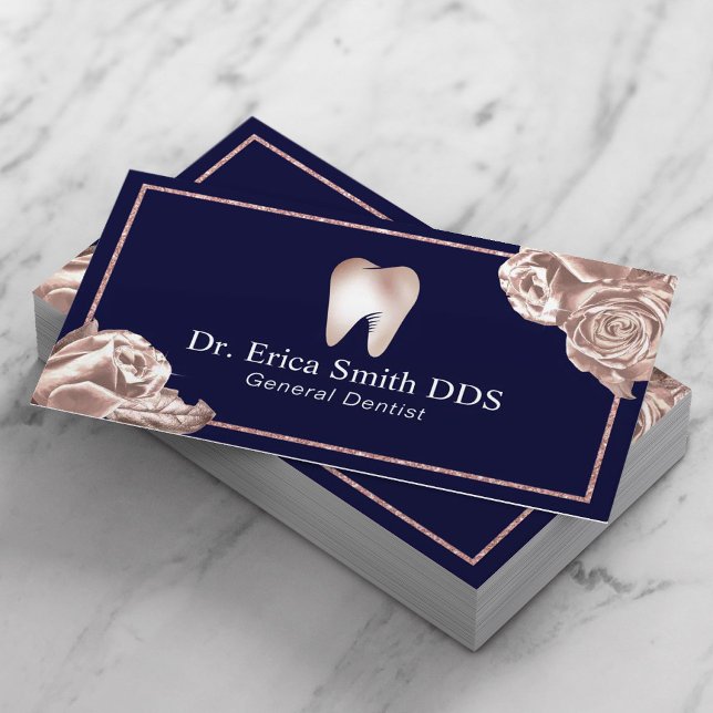 Cartão De Visita Dentista Moderno Rosa Dourado Marinho Floral Cuida (Criador carregado)