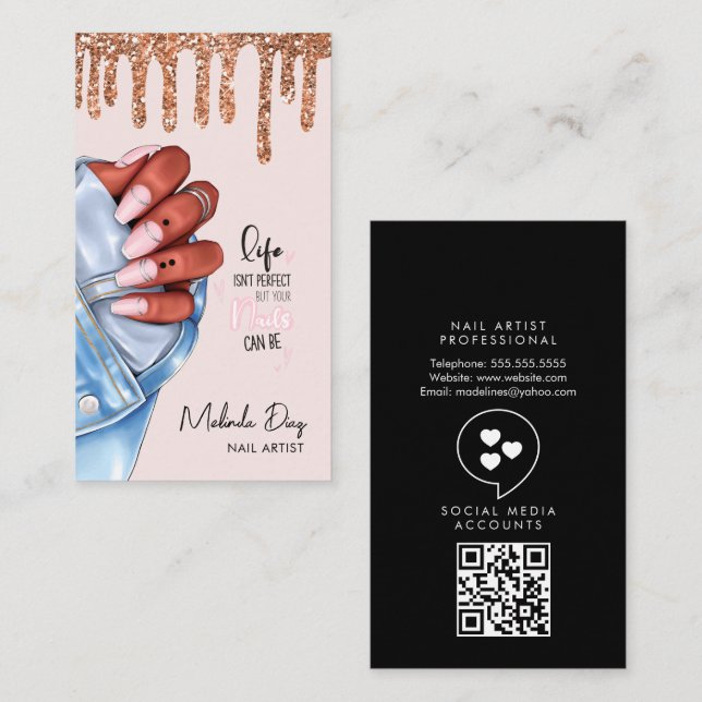 Cartão De Visita Desenhador de unhas legista Salon Glitter Rosa (Frente/Verso)