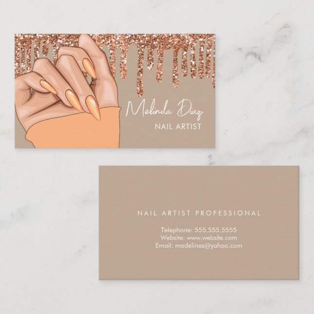 Cartão De Visita Desenhador de unhas Salon Faux Glitter Peach (Frente/Verso)