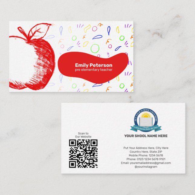 Cartão De Visita Desenho Da Mão Vermelha Da Apple, Professora Diver (Frente/Verso)