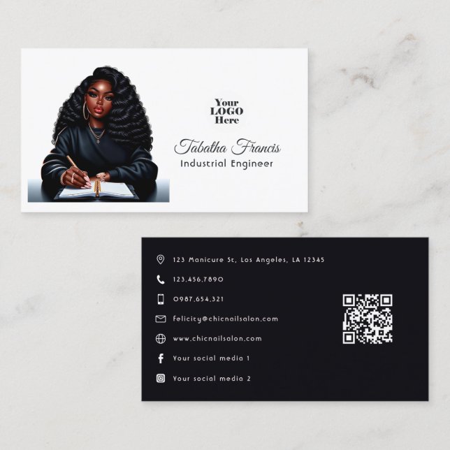 Cartão De Visita Desenho de Mulher Negra Afro Empoderada Chefe (Frente/Verso)