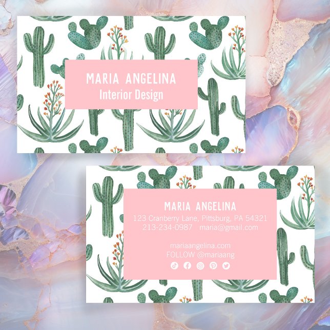 Cartão De Visita Desert Cactus e Succults Watercolor Design (Desert Cactus and Succulents Watercolor Design Standard Business Card Pink feminine Social Icons
)