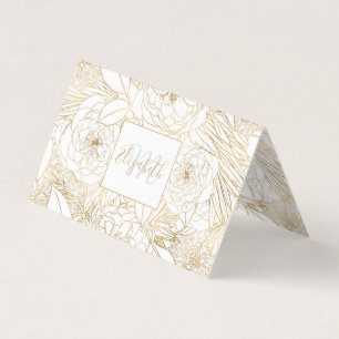 Cartão De Visita Design Branco de Rosas Dourados e Flores Marigold