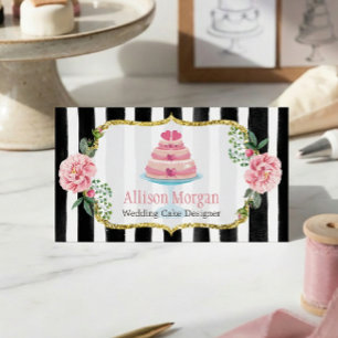 Cartão De Visita Design de Bolo de Casamento Dourado Rosa Floral Li