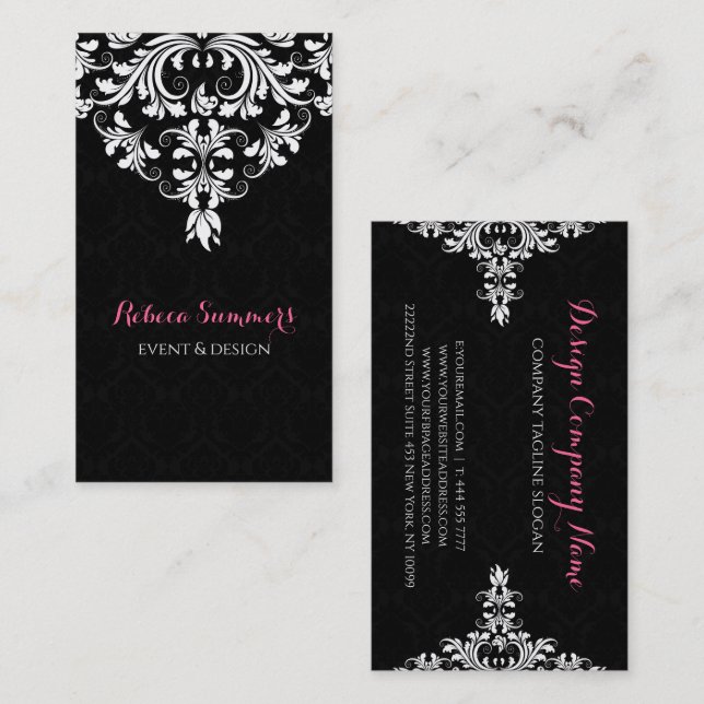 Cartão De Visita Design de Casamento Floral Negro E Branco (Frente/Verso)