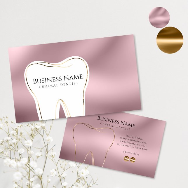 Cartão De Visita Design de Dentista Dourado e rosa elegante (Criador carregado)