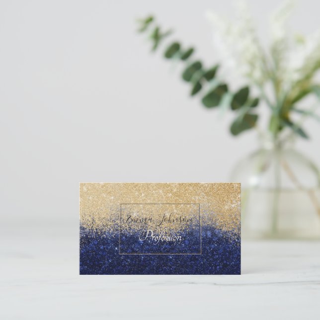 Cartão De Visita Design de luxo de Ombre Dourado e azul com brilho (Em pé/Frente)