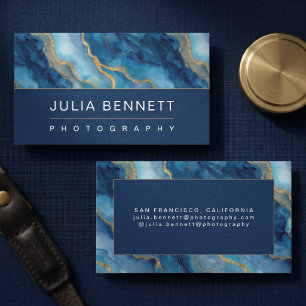 Cartão De Visita Design de Mármore Azul Luxuoso com Dourado Elegant