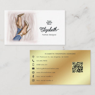 Cartão De Visita Design de Moda Glam Chic Gold Stilettos e Denim