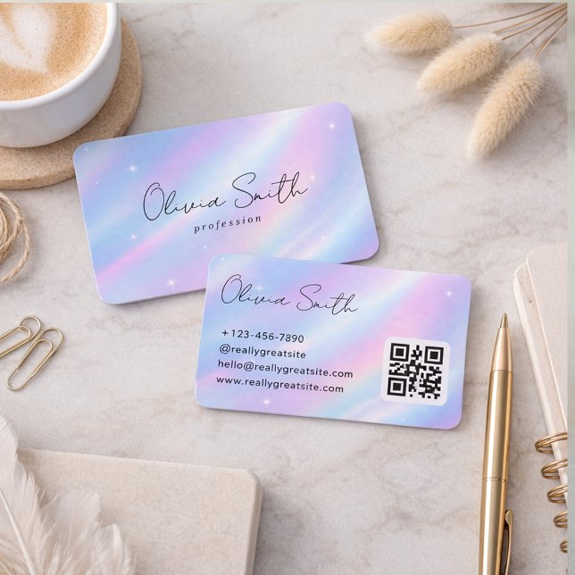Cartão De Visita Design de Nome com Script Holográfico Pastel Elega (Criador carregado)