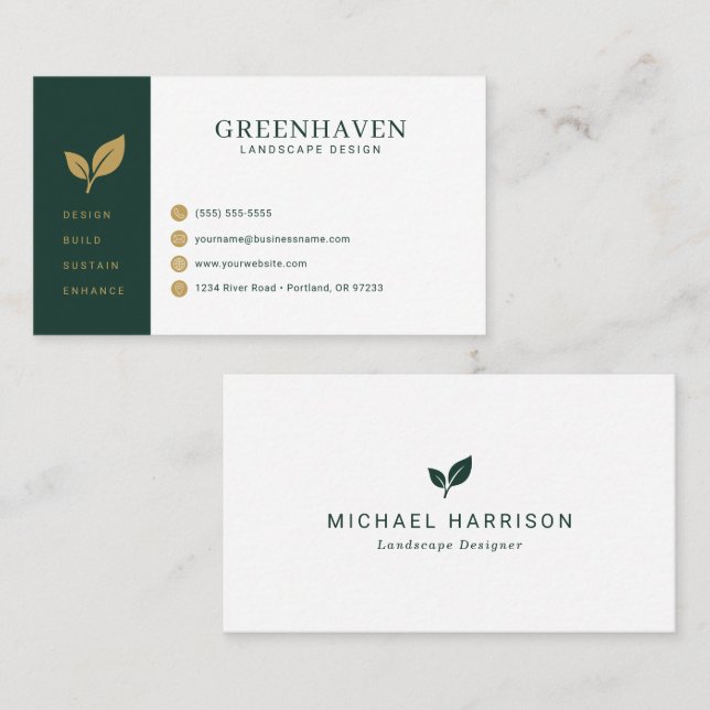 Cartão De Visita Design de Paisagem Verde Dourado (Frente/Verso)